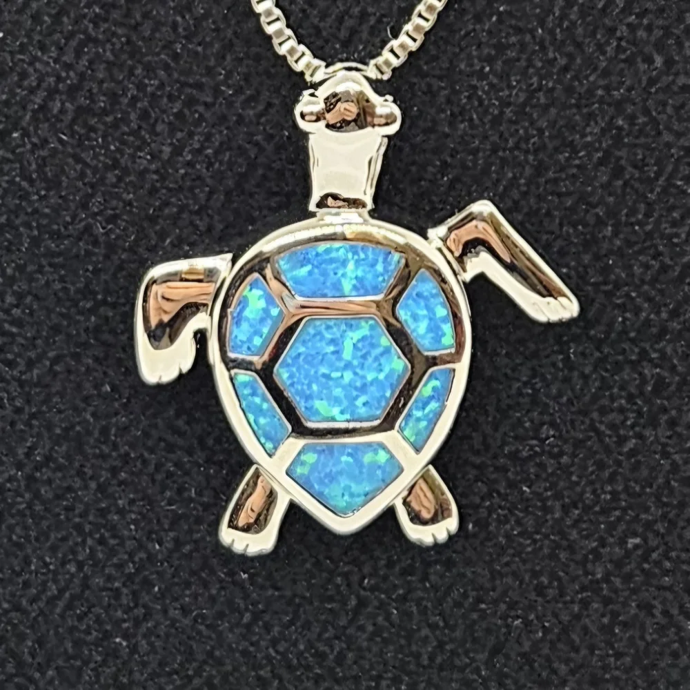 Blue Opal Turtle Pendant Necklace 925 Silver - Picture 8 of 15